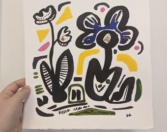 Abstract Floral Painting: Acrylic Ink Line Art on Paper