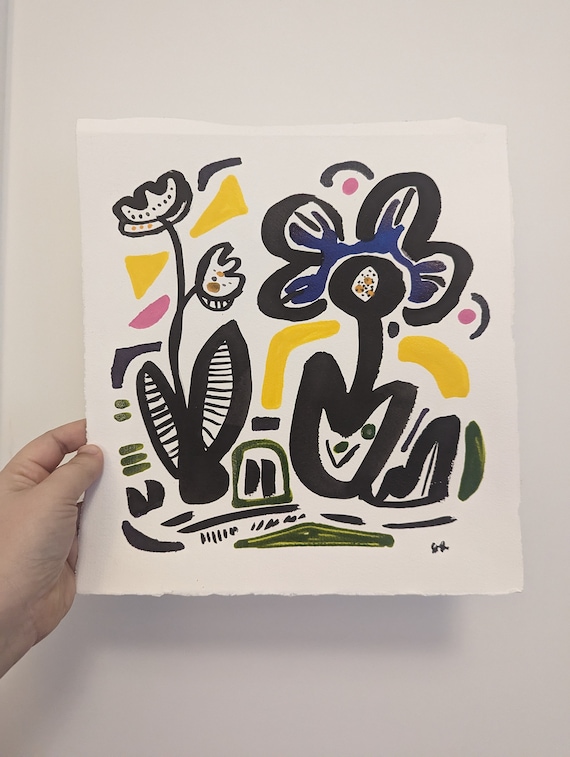 Original Work on Paper - Acrylic Ink "Flowers in Shapes" - Abstract Figurative Line Art Floral Scene