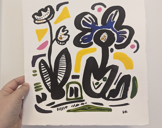 Abstract Floral Painting: Acrylic Ink Line Art on Paper