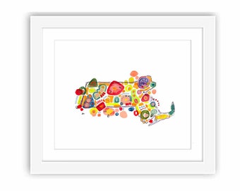 Colorful Abstract Map of Massachusetts - Printed and Framed - Watercolor Illustration Painting Landscape New England State Map