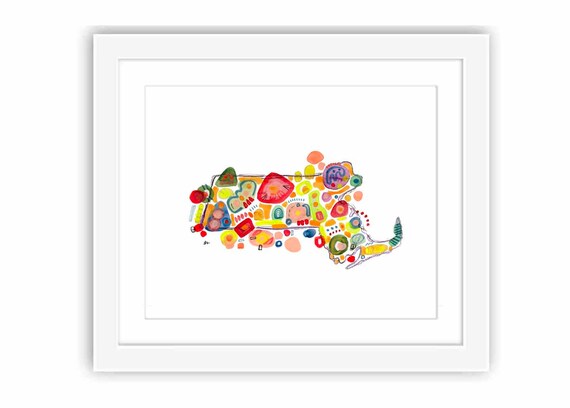 Colorful Abstract Map of Massachusetts - Printed and Framed - Watercolor Illustration Painting Landscape New England State Map