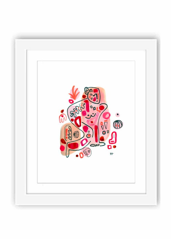 Abstract Watercolor Illustration - Print and Framed - Line Art Figure in Colorful Shapes