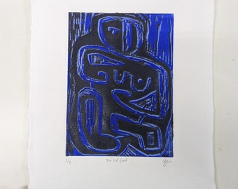 Original Woodblock Print  - The Old God - Printmaking on Paper