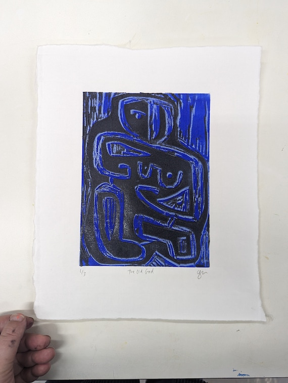 Original Woodblock Print  - The Old God - Printmaking on Paper