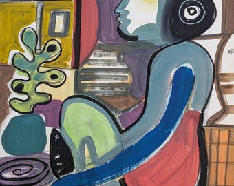 Abstract Acrylic Painting on Paper: Woman with Fish by Window