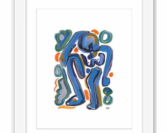 Abstract Woman in Blue Watercolor - Print and Framed - Abstract Shapes and Color Matisse Inspired Watercolor Retro Midcentury Modernist