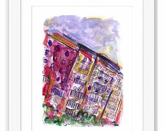 Colorful East Village Tenements  - Print and Framed - Illustration Watercolor Street Scene New York City Manhattan East Village