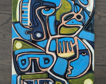 Original Painting - As It Begins - Oil on Canvas Paper- Abstract Illustrative Art Mixed Media Figure Cubist Inspired Art