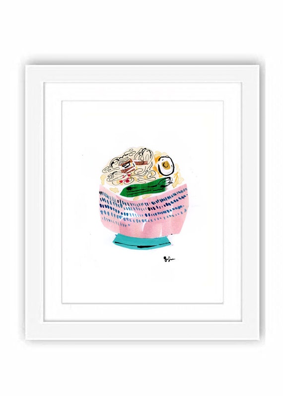 Ramen Noodles Collage - Print and Framed - Watercolor Illustration Food Kitchen Art
