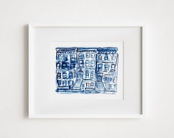Blue Brownstones in Brooklyn - Print and Framed - Watercolor New York City Urban Illustrative Sketch