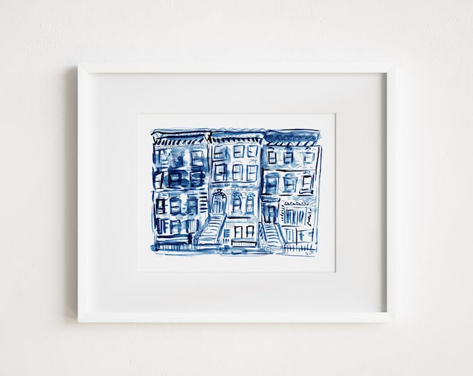 Blue Brownstones in Brooklyn - Print and Framed - Watercolor New York City Urban Illustrative Sketch