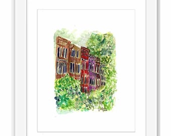 Upper West Side Brownstone Block - Print and Framed - New York City Watercolor Street Scene