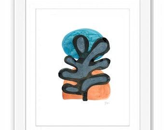 Ink Work "Sunset Leaf" on Paper - Print and Framed - Abstract Watercolor Retro Midcentury Minimal Zen Watercolor