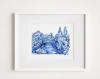 Central Park Watercolor Print: Blue Ink Urban Sketching
