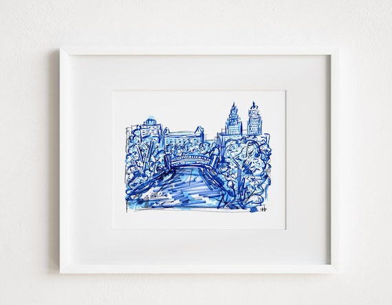 Central Park in Blue - Print and Framed - New York City, Manhattan, City Watercolor, Urban Sketching