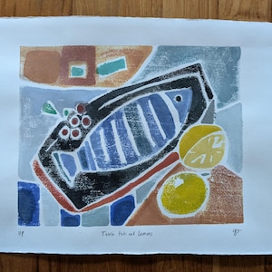 Original Provincetown White Line Woodcut - Table Fish & Lemons - Printmaking Fish Original Art on Paper