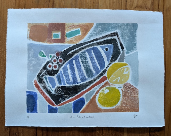 Original Fish & Lemons Woodcut Print: Provincetown White Line Art
