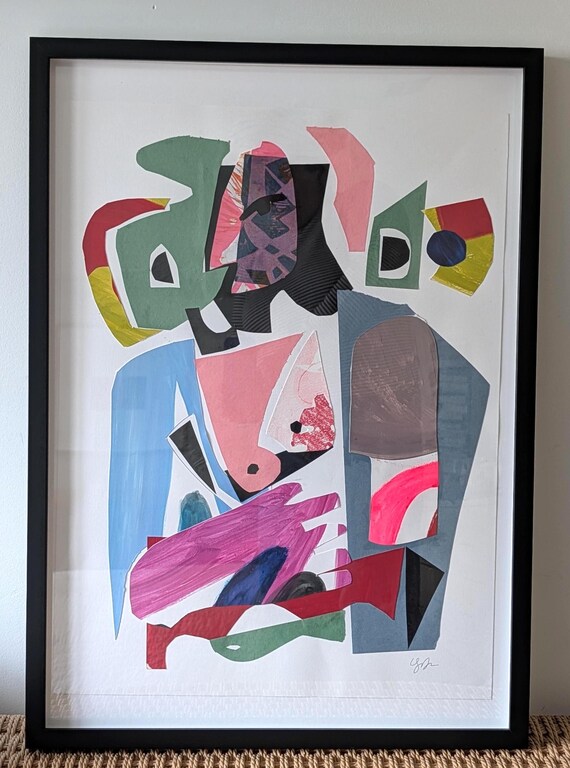 Abstract Collage on Paper: Woman with Ease - Framed Work