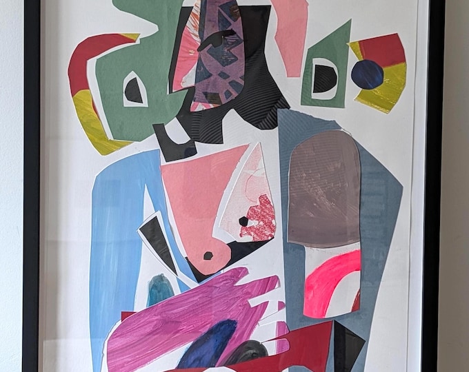 Abstract Collage on Paper: Woman with Ease - Framed Work