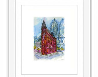 Toronto Flat Iron Gooderham Building - Print and Framed -  Street Scene Watercolor Ink and Gouache City Illustration Old Building Canada