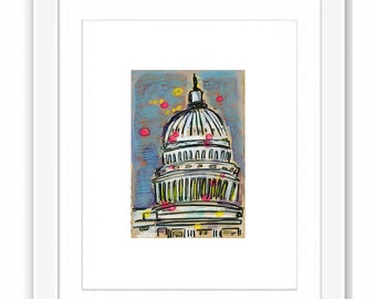 Washington DC Capital Building - Print and Framed - DC Mixed Media Watercolor Illustration Urban Art Sketch