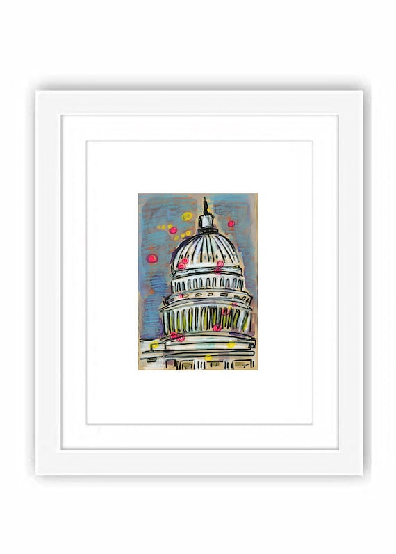 Washington DC Capital Building - Print and Framed - DC Mixed Media Watercolor Illustration Urban Art Sketch