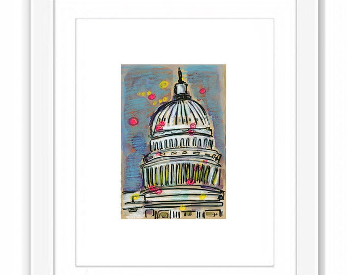 DC Capital Building Print: Mixed Media Watercolor Urban Art