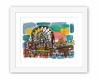 Santa Monica Pier Watercolor Painting Print and Framed -California Los Angeles Boardwalk