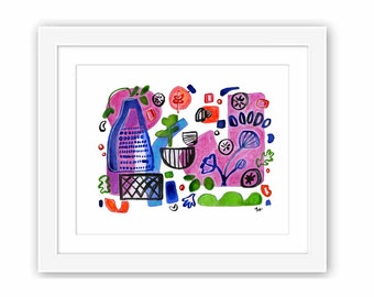 Abstract Work in Watercolor - Print and Framed - Abstract Shapes and Color Matisse Inspired Watercolor Retro Midcentury Modernist Cubism