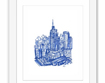 New York City Skyline Iconic View - Print and Framed - Watercolor Illustration of New York City Manhattan