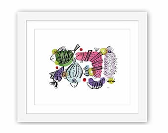 Mid-Century Inspired Folk Art Watercolor Fish - Retro Minimal Zen Illustration - Print and Framed