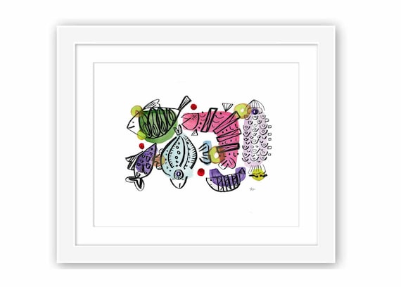 Mid-Century Inspired Folk Art Watercolor Fish - Retro Minimal Zen Illustration - Print and Framed