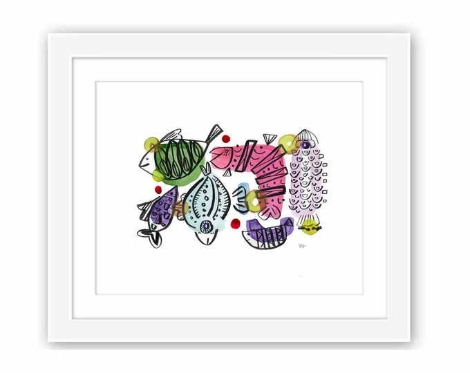 Mid-Century Inspired Folk Art Watercolor Fish - Retro Minimal Zen Illustration - Print and Framed