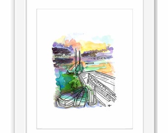 Print and Framed - Jamaica Pond Boston Watercolor Painting -  Jamaica Plain New England Urban Watercolor Sketch