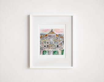 Mexico City Print: Palacio de Bellas Artes Watercolor Travel Illustration