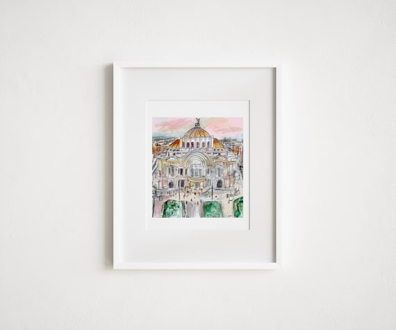Print Mexico City, Palacio de Bellas Artes, Travel Illustration, Watercolor Mexico - Print and Framed