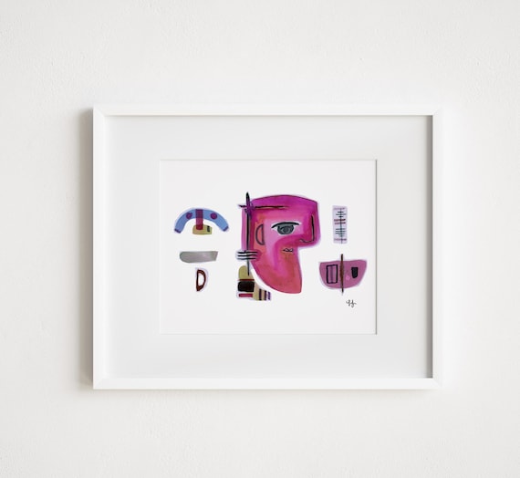 Retro Style Watercolor Abstract Faces and Shapes - Print and Framed - Abstract Watercolor Ink Midcentury Swedish Design