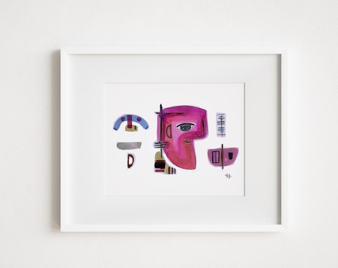 Abstract Faces Watercolor Print: Retro Mid-Century Modern Art