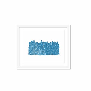 City at Night Woodcut Print: Imagined New York Skyline Poster