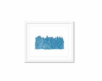 City at Night Woodcut Print: Imagined New York Skyline Poster