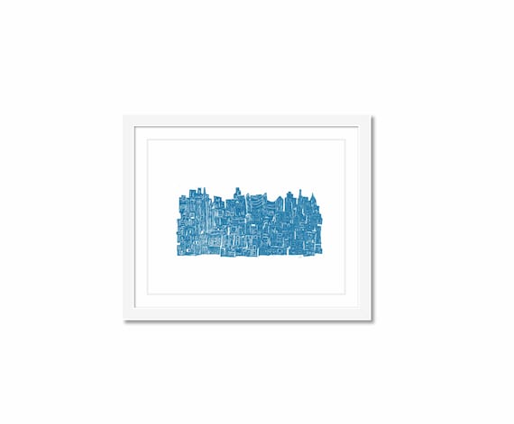 Poster Print of The City at Night Woodcut - Reproduction of large Woodcut Illustration Imagined New York City Skyline
