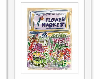 Print and Framed - Los Angeles Flower Market DTLA - Watercolor Pen and Ink Urban Sketch California