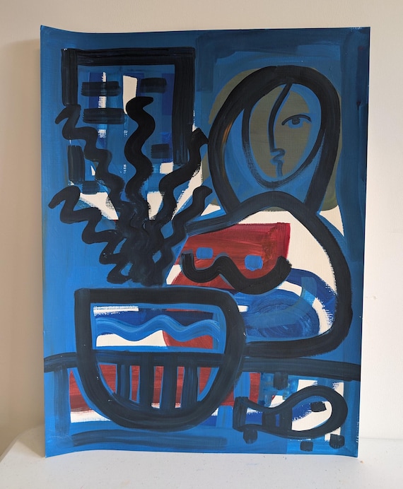 Original Painting on Paper - My Woman in Blue - Abstract Original Art Acrylic on Paper
