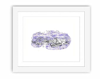 Mystic Connecticut - Abstract Illustration Block Printing American Travel Collage