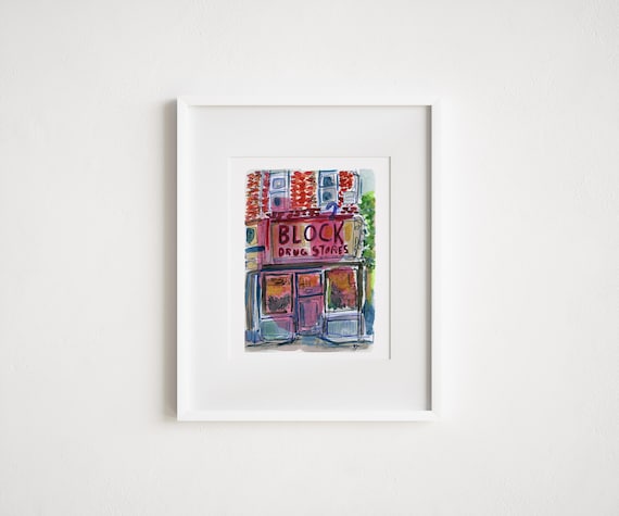 East Village Block drugstore - Printed and Framed - New York City Watercolor Illustration Painting Urban Sketch Mixed Media