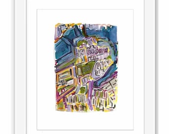 Print and Framed - Print Map Boston MA - Illustration Watercolor and Gouache Painting, Boston New England Illustration Massachusetts