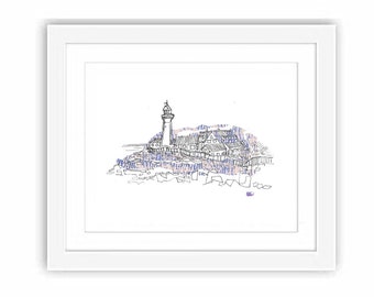 Print Portland Maine Lighthouse - Abstract Illustration Block Printing American Travel Collage