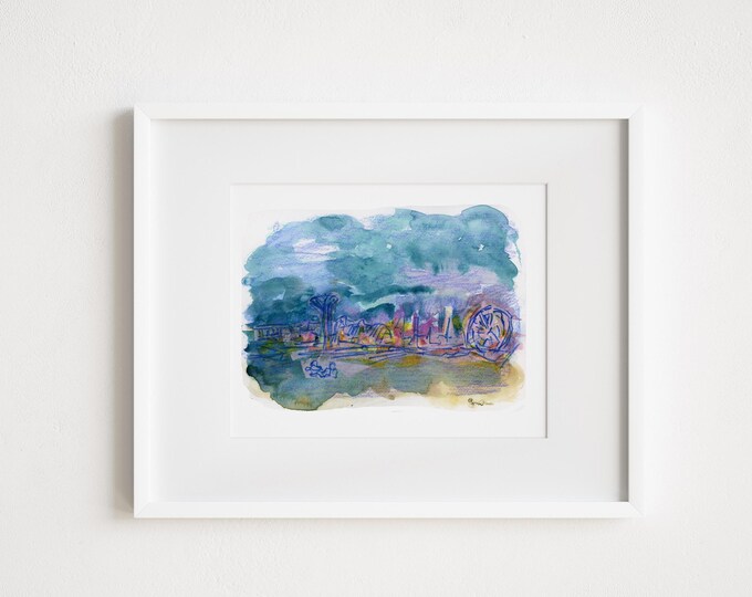 Coney Island Dusk Print: Brooklyn NYC Watercolor Collage