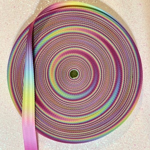 May include: A roll of rainbow striped webbing, a type of flat, woven fabric often used for straps and belts.