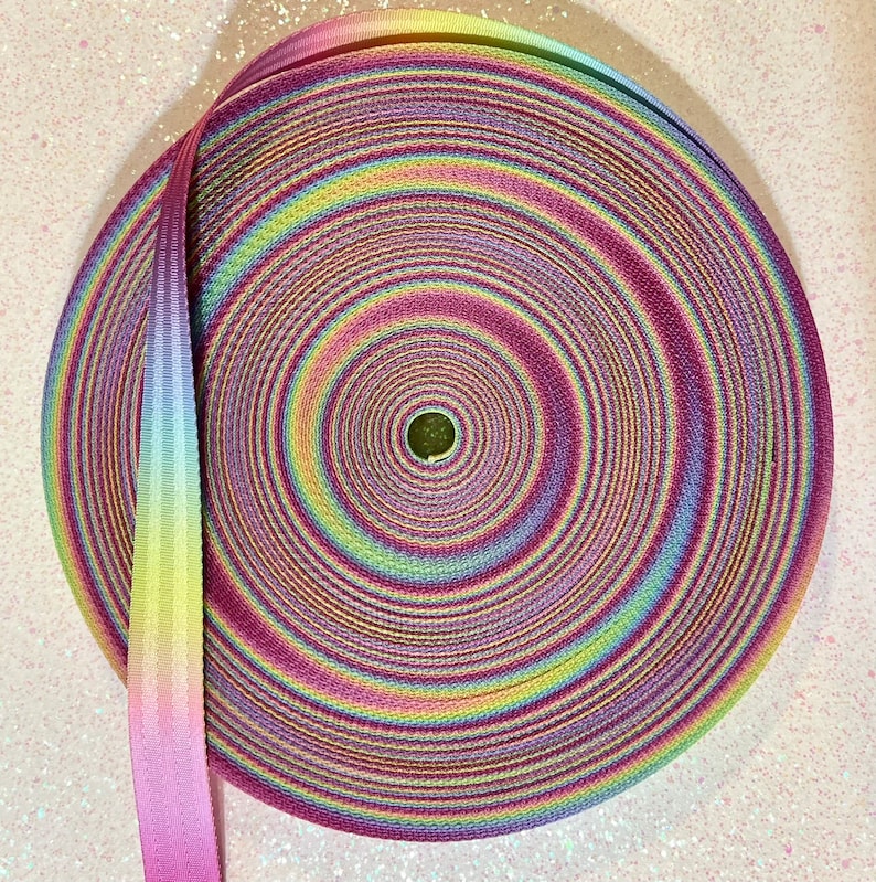 May include: A roll of rainbow striped webbing, a type of flat, woven fabric often used for straps and belts.